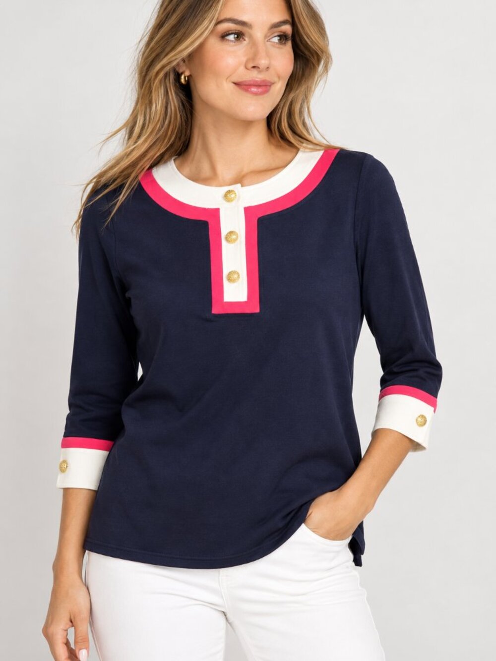 Talbots Colorblock Nautical Gold Button 3/4 Sleeve Top Navy Pink White S NWT